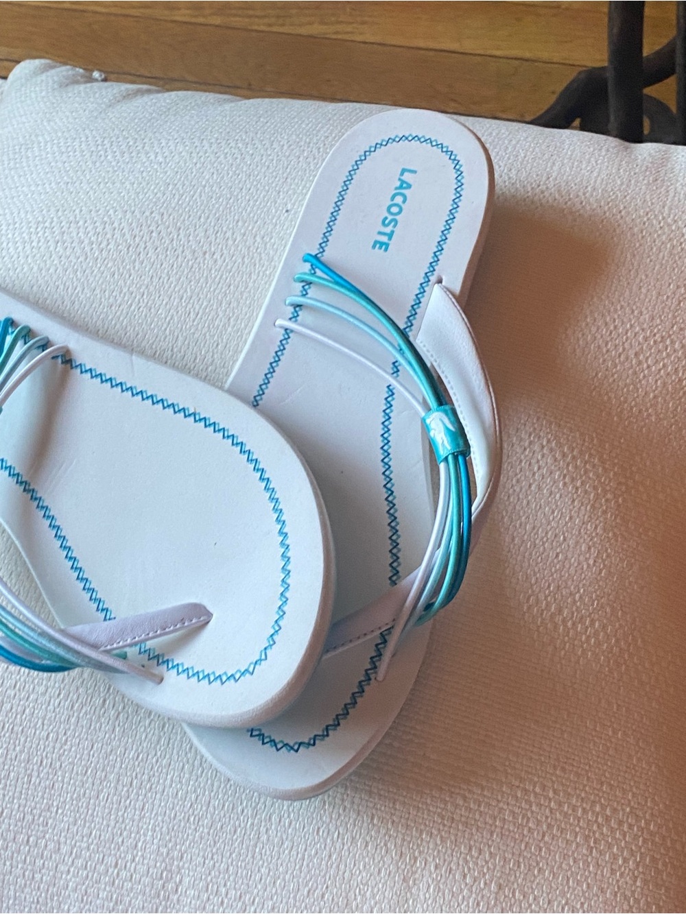 Lacoste White and Turquoise Multi-Strip Flip Flops